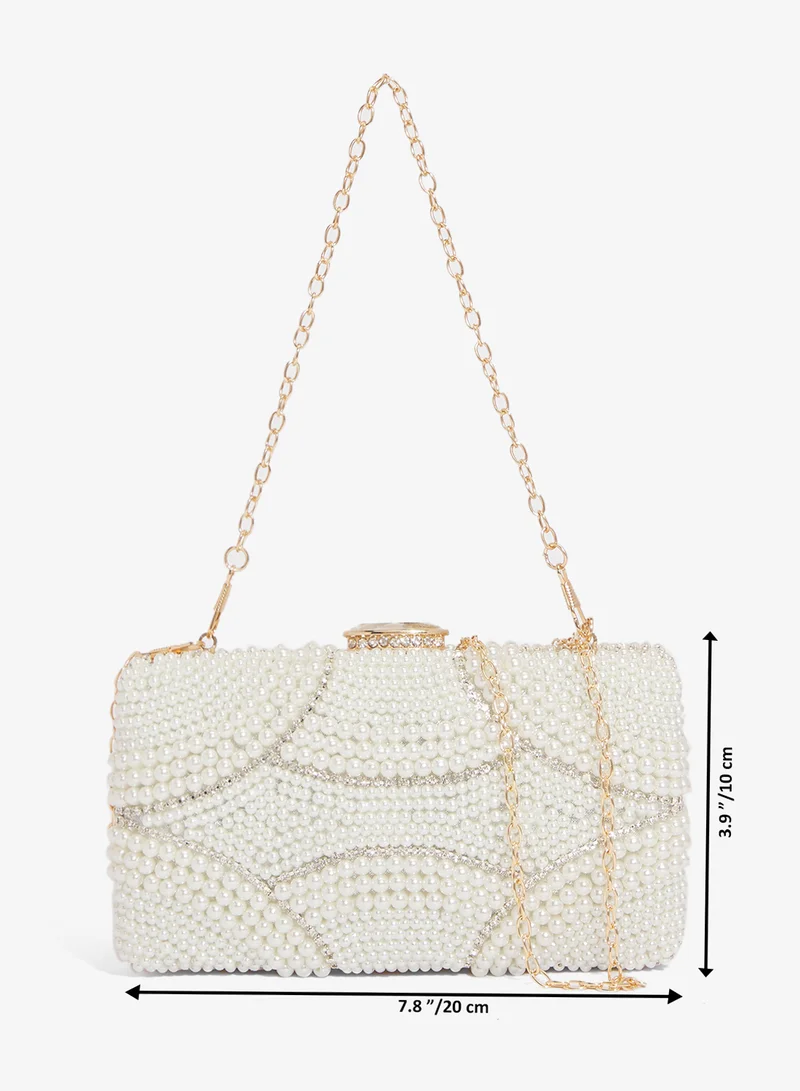 Khizana White Pearl Detailed Embellished Gold Accent Clutch for Women | Best Price UAE